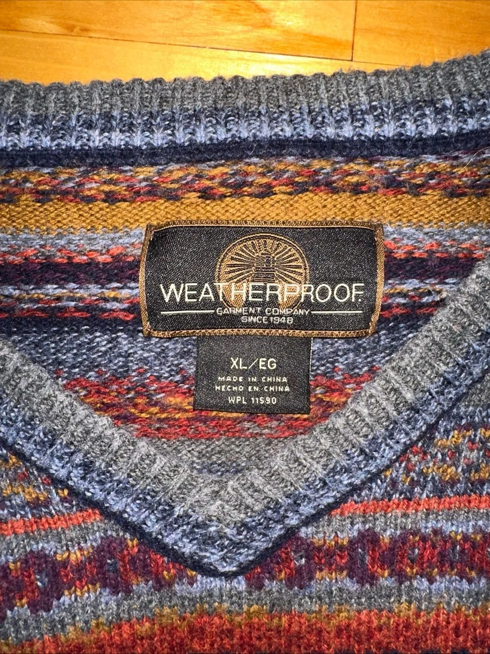 Weatherproof Fair Isle Lambswool Blend Sweater Mens XL Blue V Neck Knit 90s